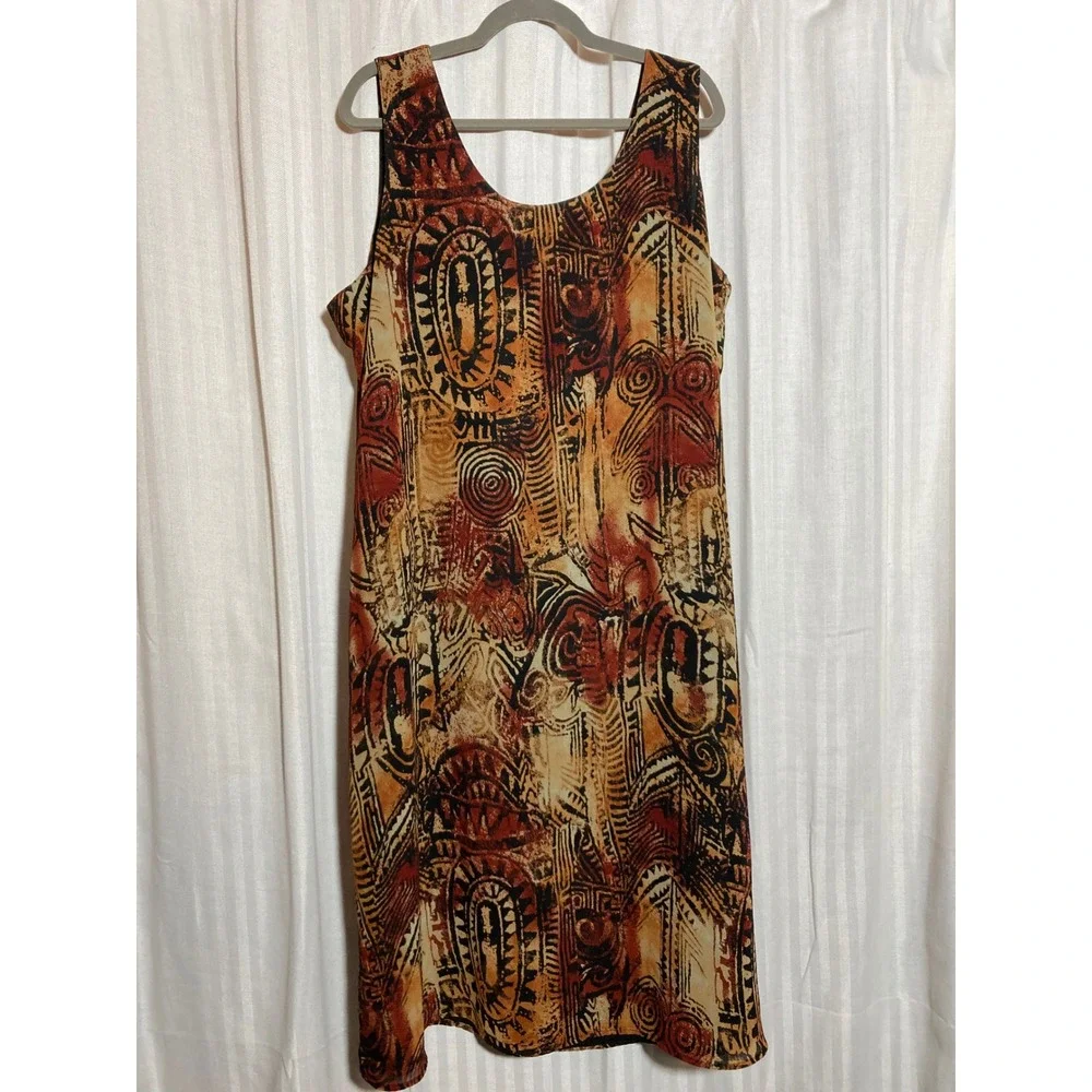 Abstract Tribal Print Sleeveless Midi Shift Dress Rust Gold Black Avenue Womens